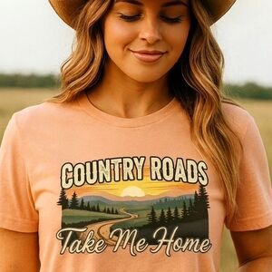 Country Roads Take Me Home Graphic Tee • Peach Western Boho Mountain Sunset